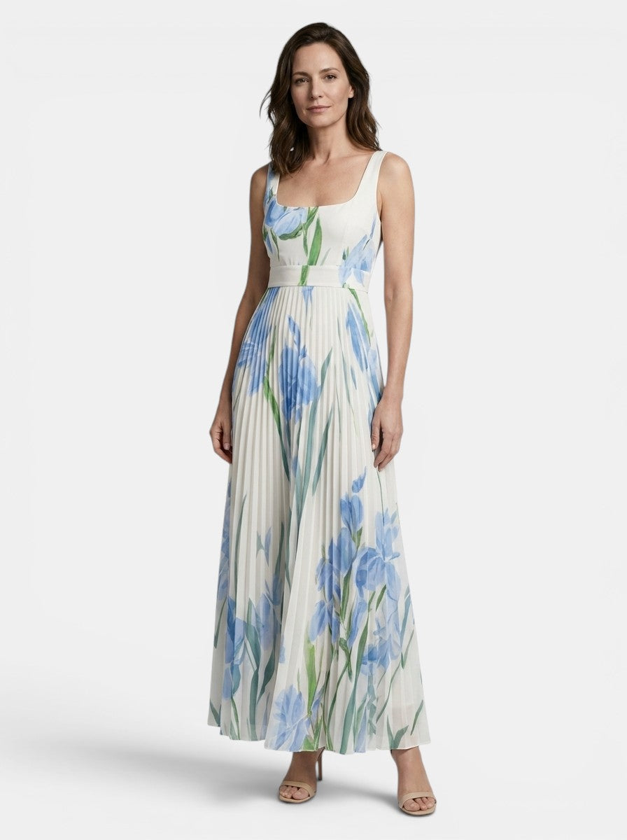 Robe maxi imprimé floral ligne A plissée sans manches encolure carrée