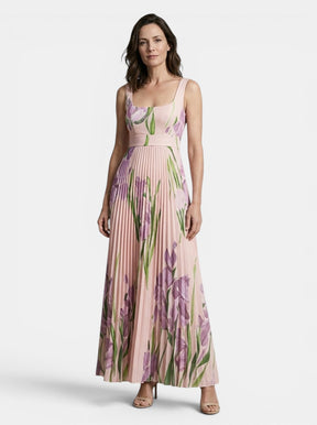 Robe maxi imprimé floral ligne A plissée sans manches encolure carrée