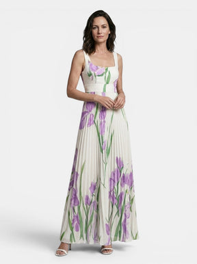 Robe maxi imprimé floral ligne A plissée sans manches encolure carrée