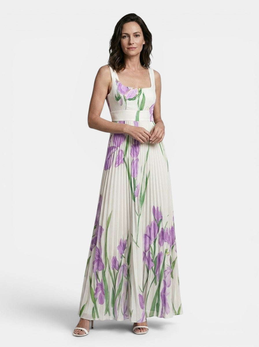 Robe maxi imprimé floral ligne A plissée sans manches encolure carrée