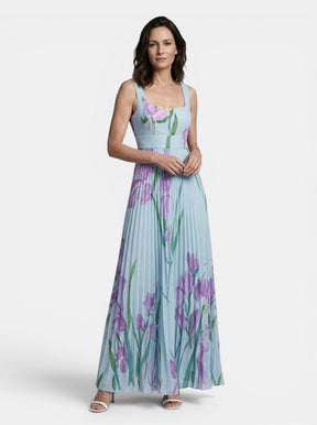 Robe maxi imprimé floral ligne A plissée sans manches encolure carrée