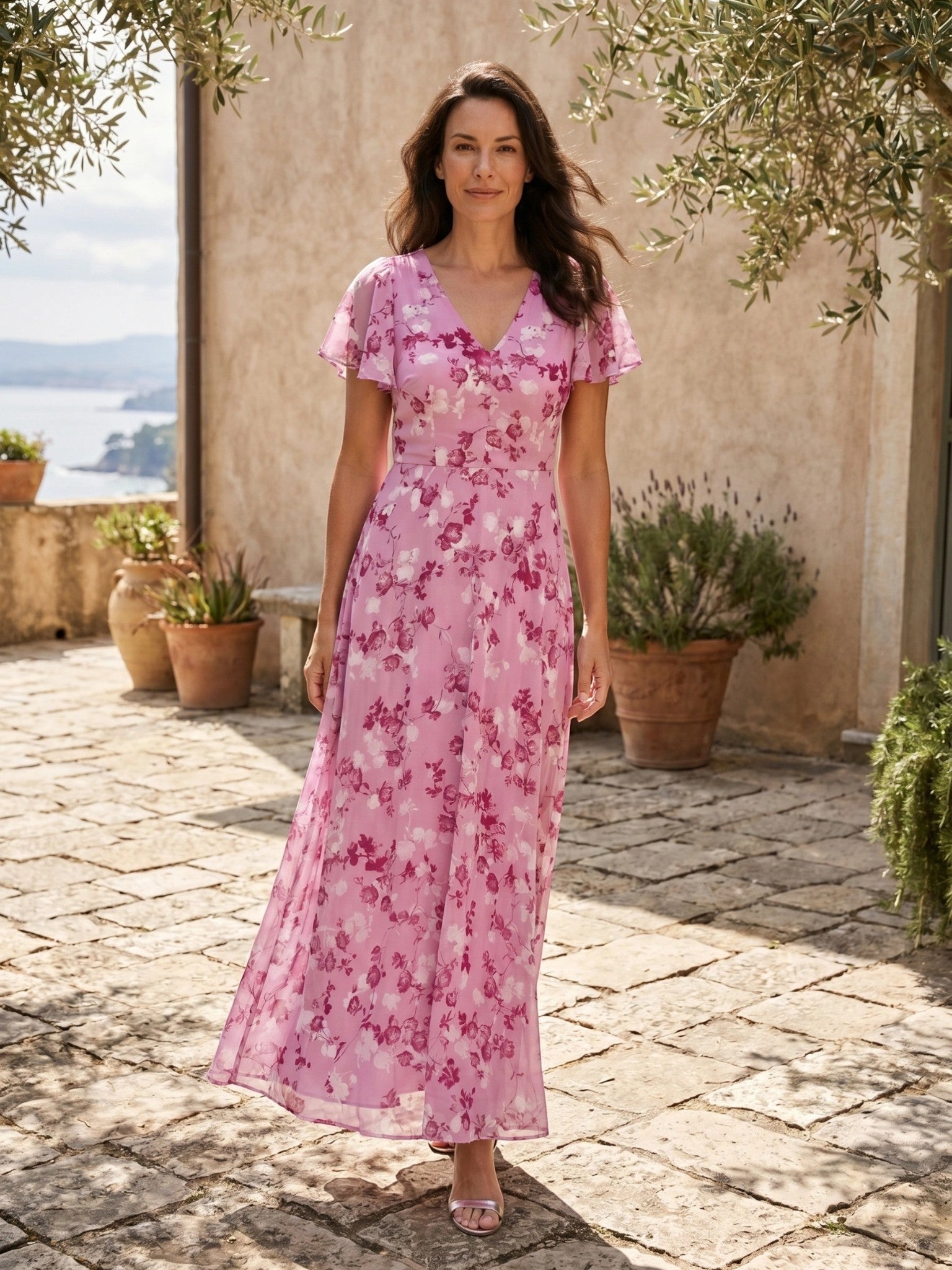 Robe maxi imprimé floral légère et fluide ourlet évasé pour femme