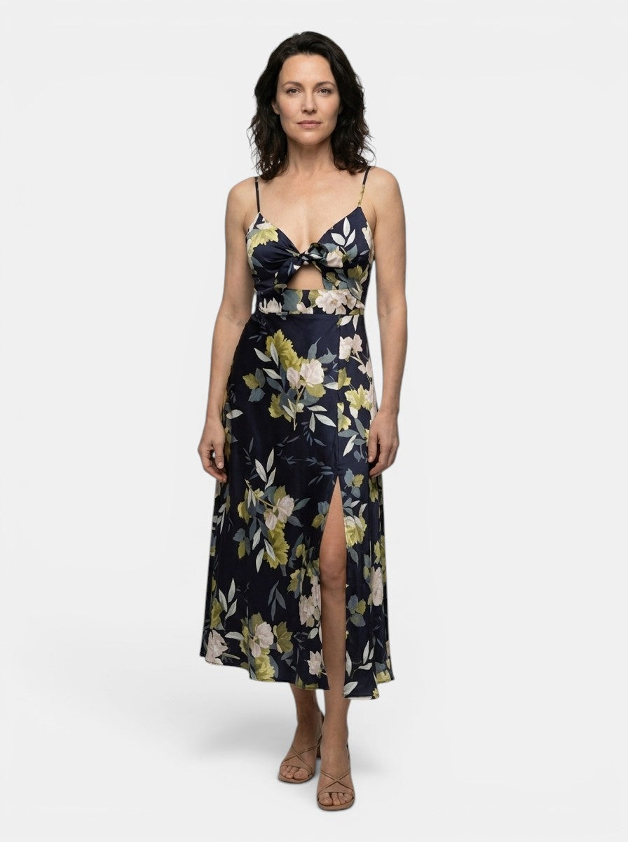 Robe midi imprimé floral découpe nœud devant toutes saisons femme