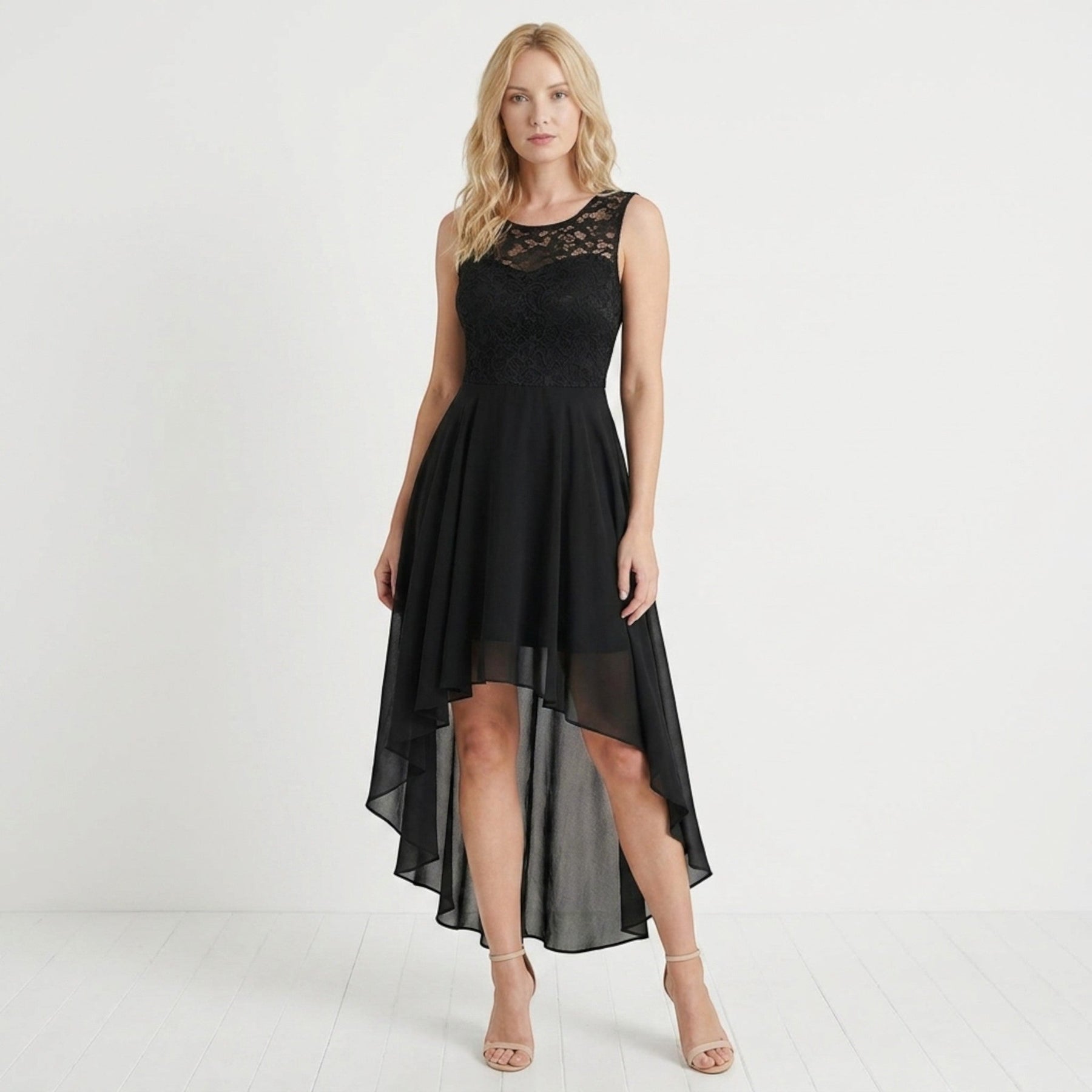 Robe fluide asymétrique sans manches femme élégante soirée longueur midi