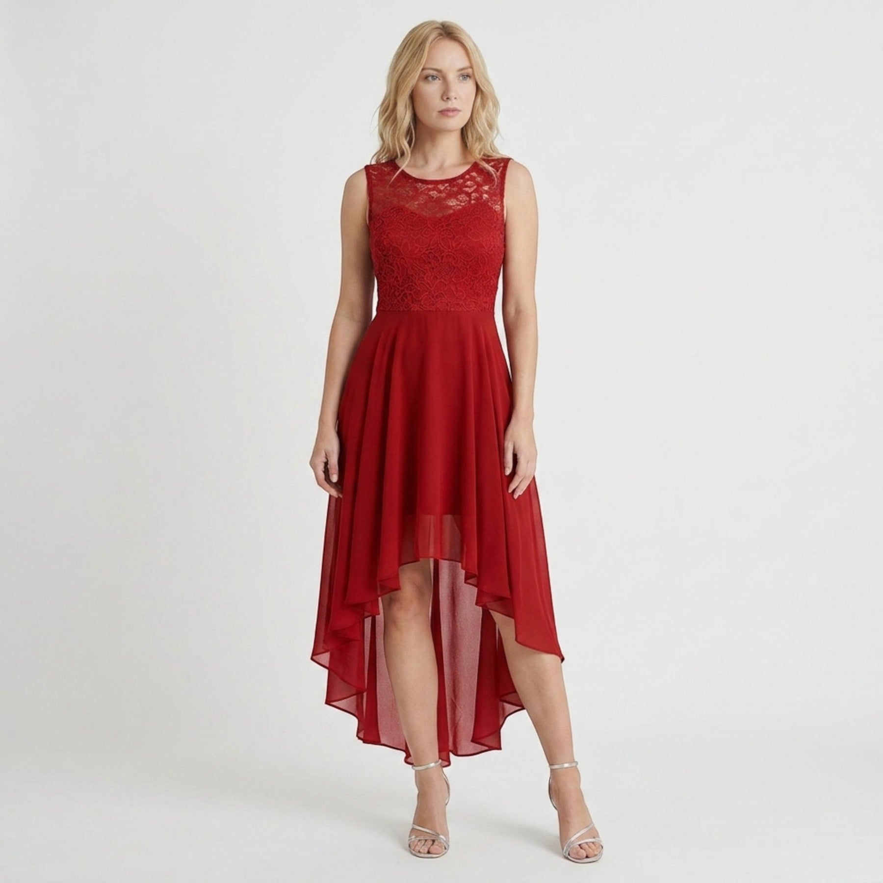 Robe fluide asymétrique sans manches femme élégante soirée longueur midi