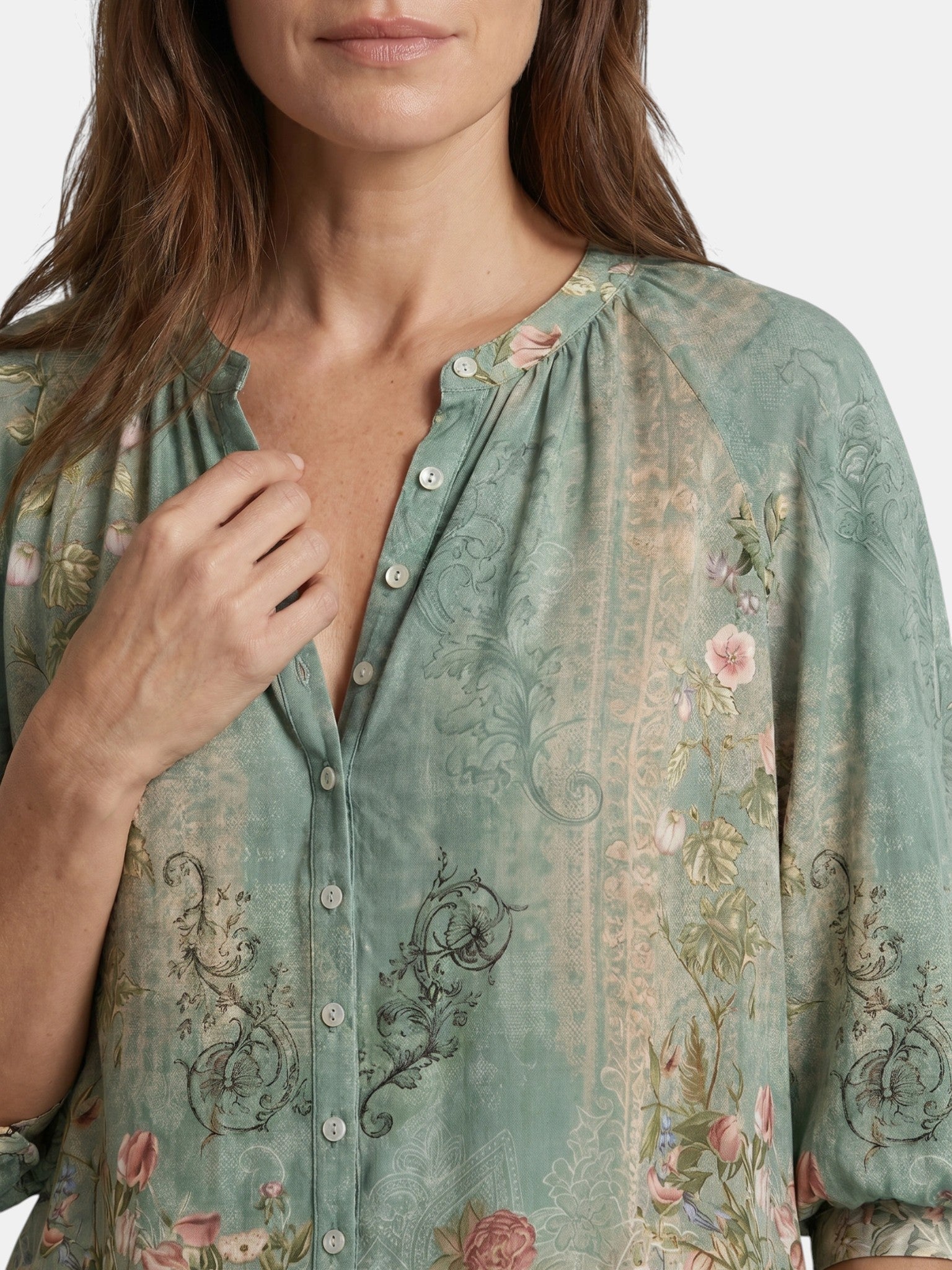 Blouse légère imprimé bohème col V manches longues décontractée femme