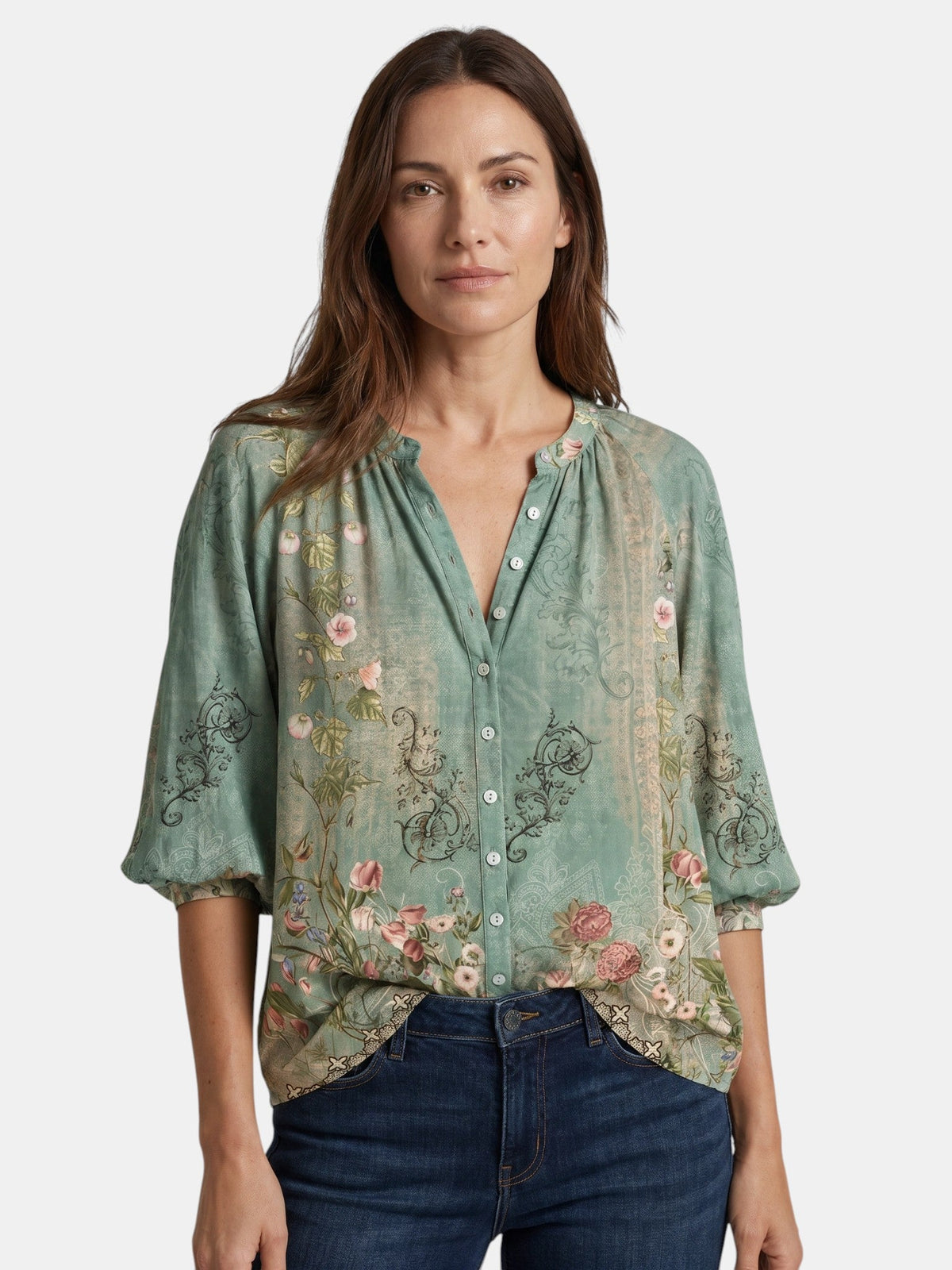 Blouse légère imprimé bohème col V manches longues décontractée femme