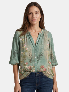 Blouse légère imprimé bohème col V manches longues décontractée femme