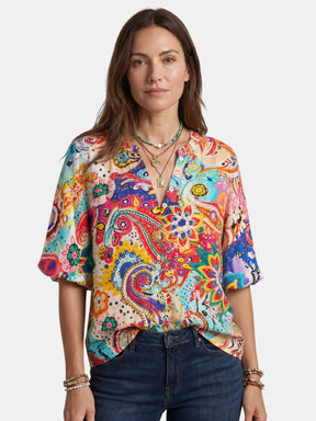 Blouse légère imprimé bohème col V manches longues décontractée femme