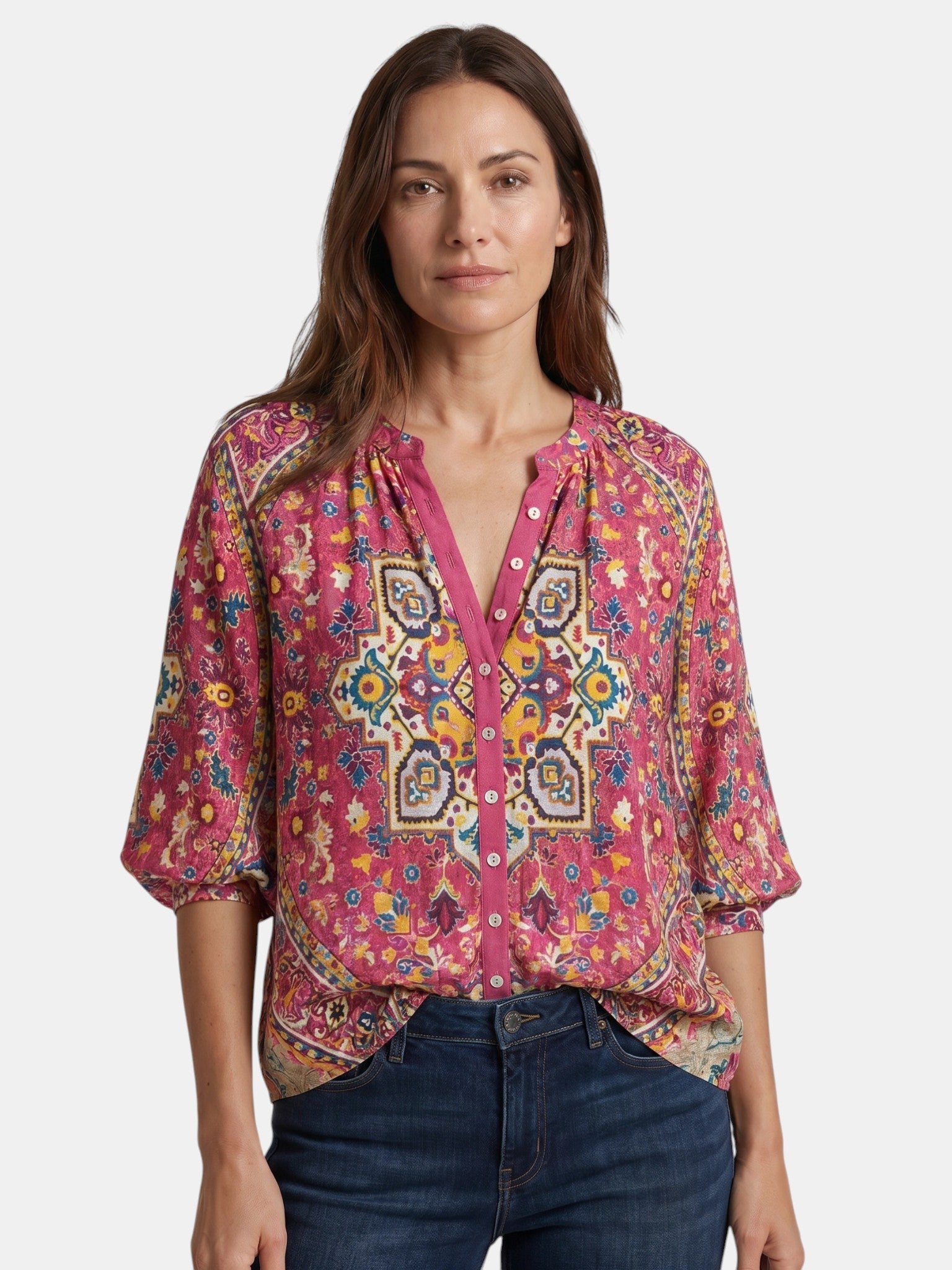 Blouse légère imprimé bohème col V manches longues décontractée femme
