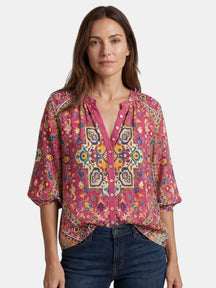Blouse légère imprimé bohème col V manches longues décontractée femme