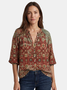 Blouse légère imprimé bohème col V manches longues décontractée femme
