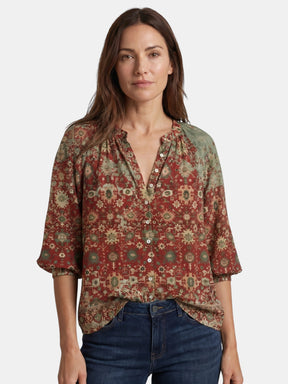 Blouse légère imprimé bohème col V manches longues décontractée femme