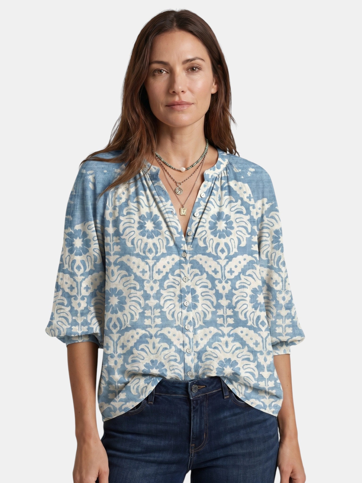 Blouse légère imprimé bohème col V manches longues décontractée femme