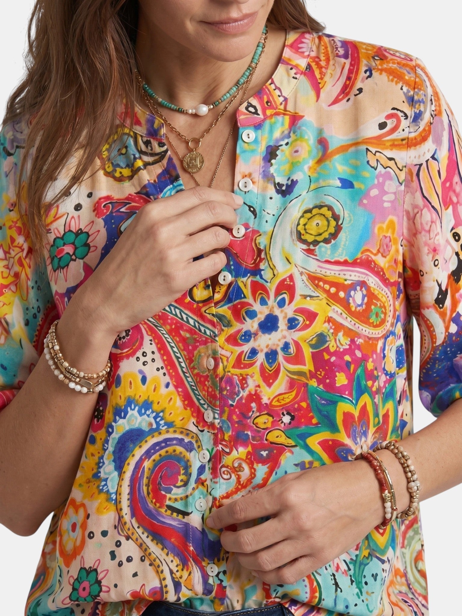 Blouse légère imprimé bohème col V manches longues décontractée femme