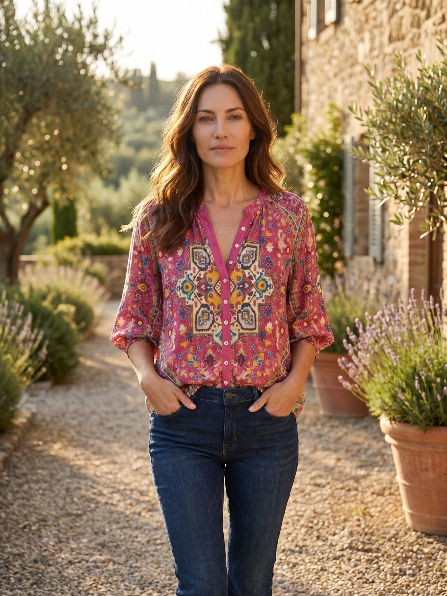 Blouse légère imprimé bohème col V manches longues décontractée femme