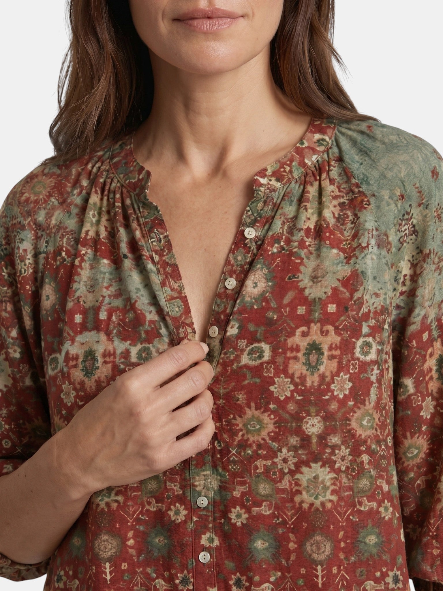 Blouse légère imprimé bohème col V manches longues décontractée femme