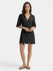 Robe mini portefeuille en mélange de lin ourlet asymétrique femme légère été