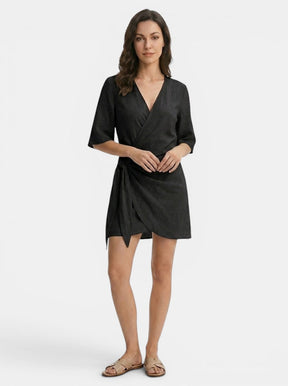 Robe mini portefeuille en mélange de lin ourlet asymétrique femme légère été