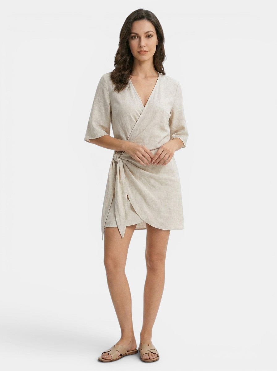 Robe mini portefeuille en mélange de lin ourlet asymétrique femme légère été