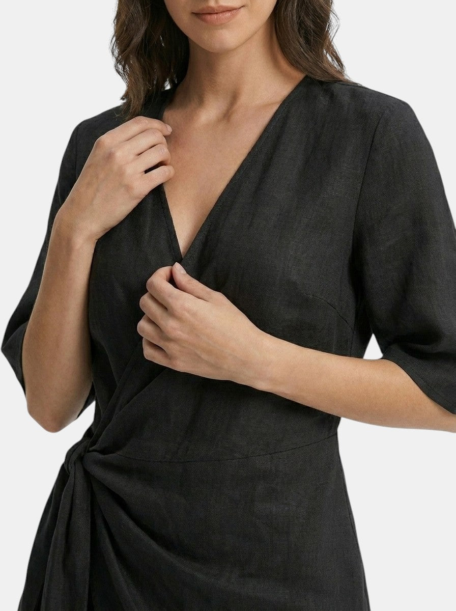 Robe mini portefeuille en mélange de lin ourlet asymétrique femme légère été