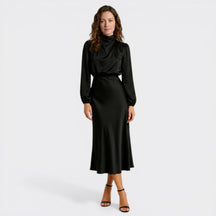 Robe midi satinée col montant ourlet évasé élégante pour occasions spéciales femme