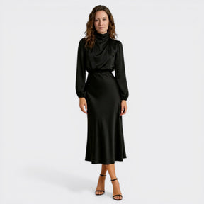 Robe midi satinée col montant ourlet évasé élégante pour occasions spéciales femme