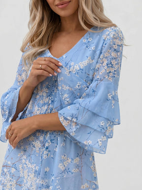 Mini robe imprimé marbre femme manches évasées col en V silhouette fluide