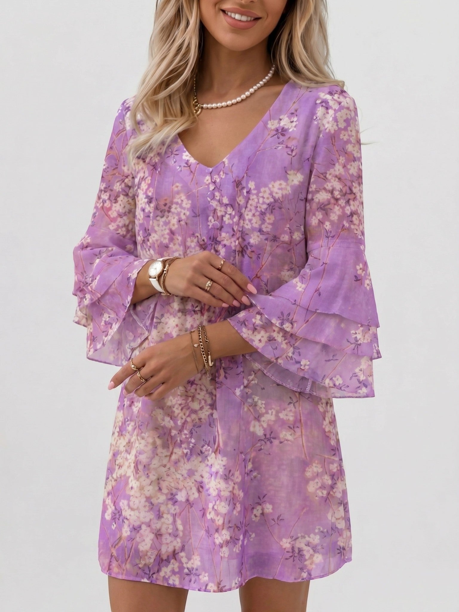 Mini robe imprimé marbre femme manches évasées col en V silhouette fluide