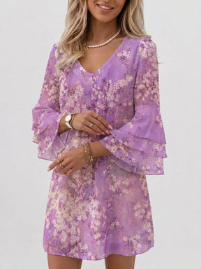 Mini robe imprimé marbre femme manches évasées col en V silhouette fluide