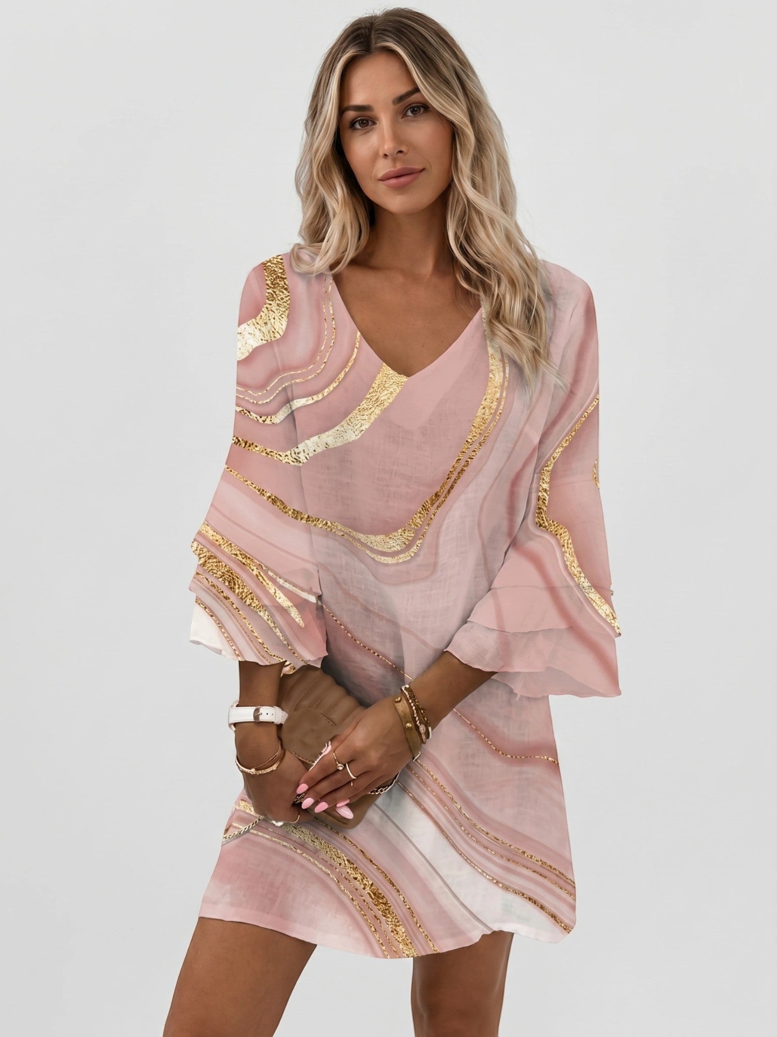 Mini robe imprimé marbre femme manches évasées col en V silhouette fluide