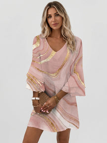 Mini robe imprimé marbre femme manches évasées col en V silhouette fluide
