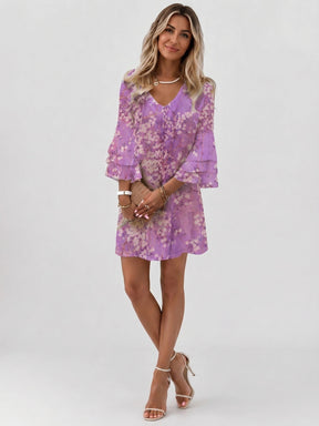 Mini robe imprimé marbre femme manches évasées col en V silhouette fluide