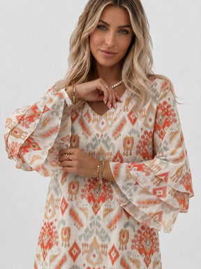 Mini robe imprimé marbre femme manches évasées col en V silhouette fluide