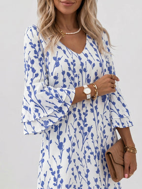 Mini robe imprimé marbre femme manches évasées col en V silhouette fluide