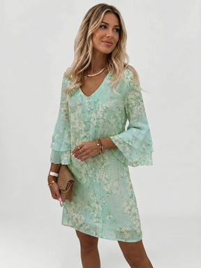 Mini robe imprimé marbre femme manches évasées col en V silhouette fluide