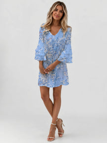 Mini robe imprimé marbre femme manches évasées col en V silhouette fluide