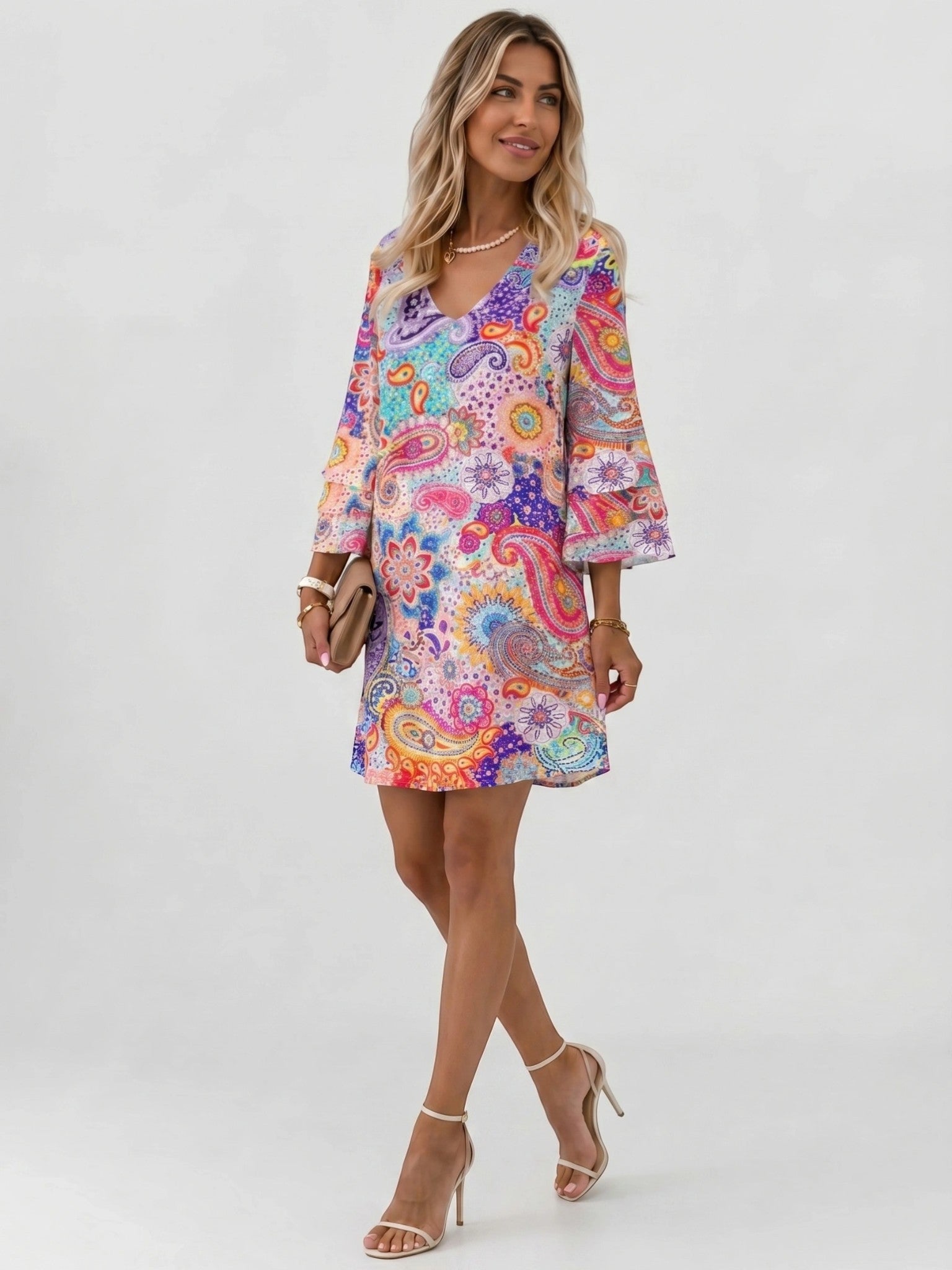 Mini robe imprimé marbre femme manches évasées col en V silhouette fluide
