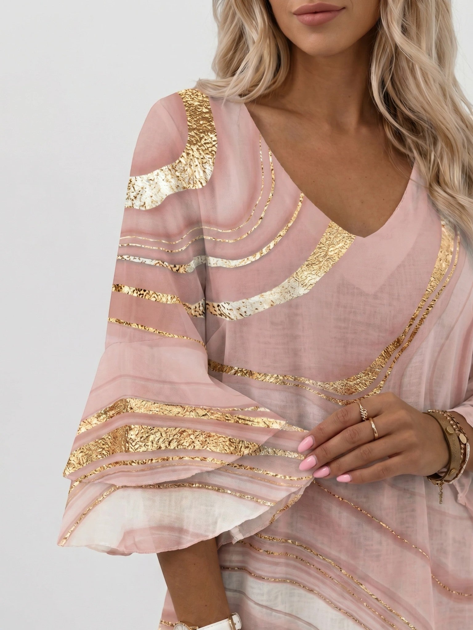 Mini robe imprimé marbre femme manches évasées col en V silhouette fluide