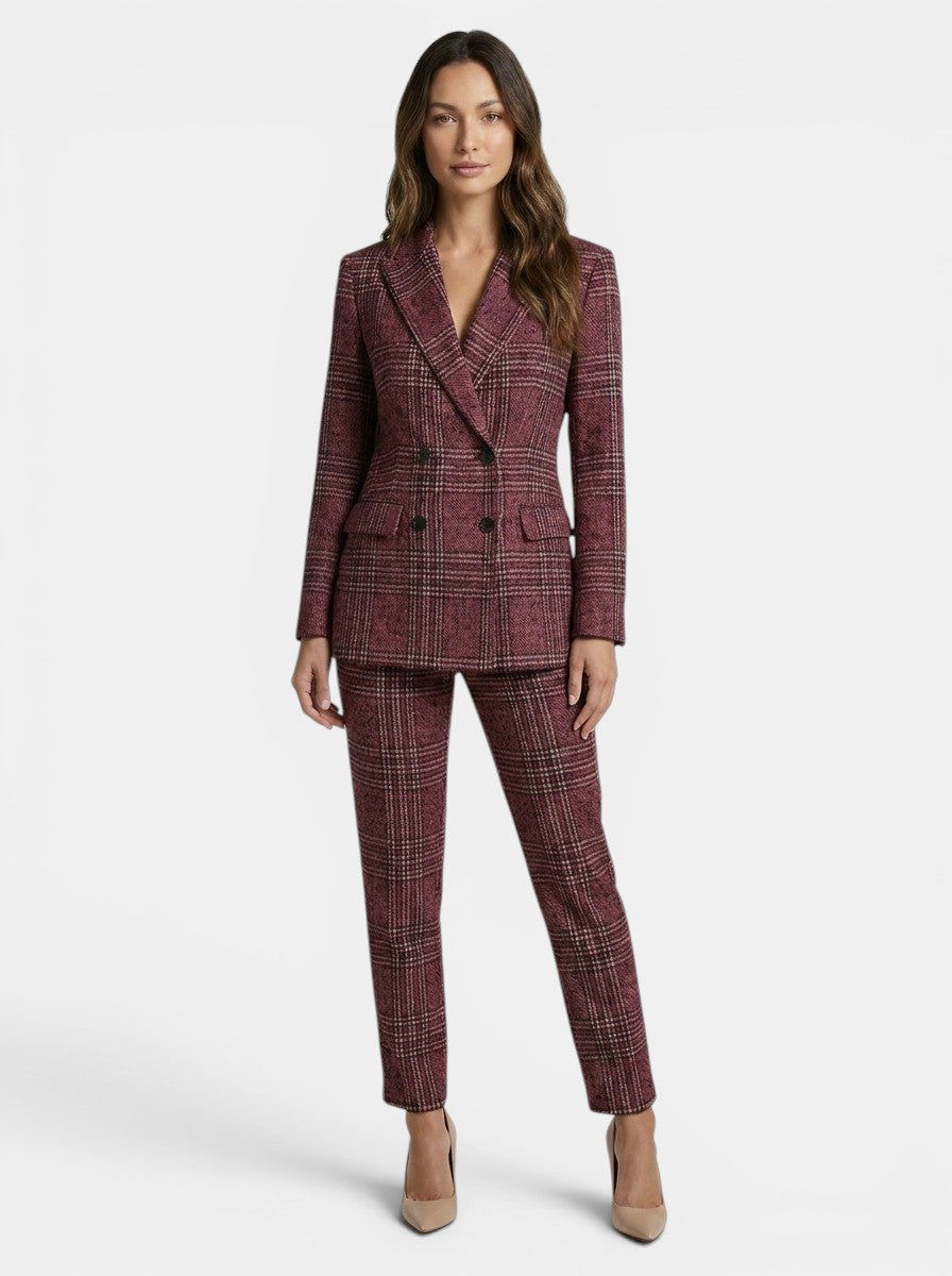 Costume à carreaux femme blazer croisé et pantalon droit élégant