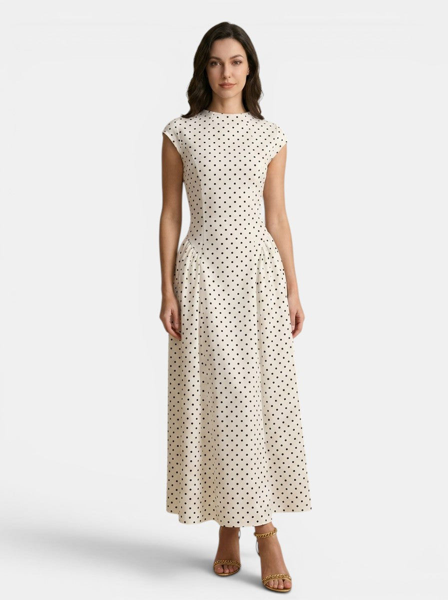 Robe maxi à pois col montant manches courtes jupe plissée ligne A femme