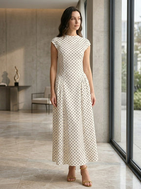 Robe maxi à pois col montant manches courtes jupe plissée ligne A femme