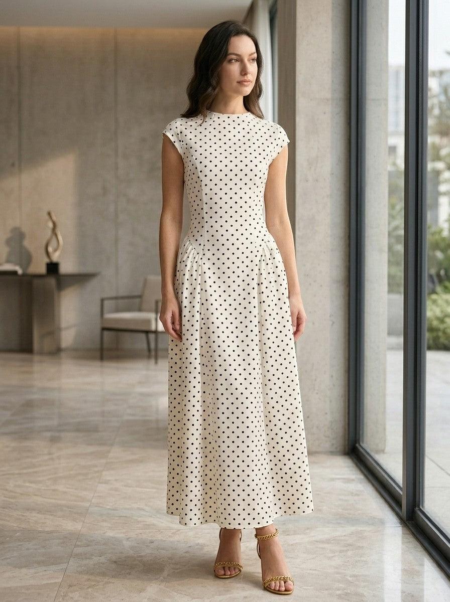 Robe maxi à pois col montant manches courtes jupe plissée ligne A femme