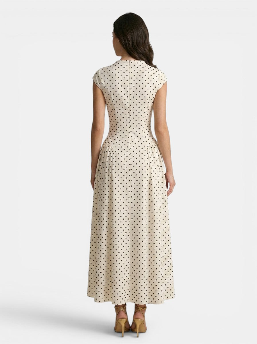 Robe maxi à pois col montant manches courtes jupe plissée ligne A femme