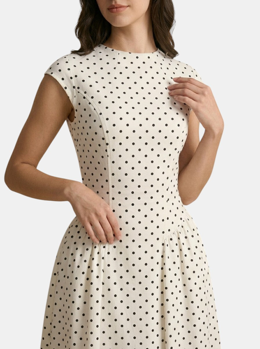 Robe maxi à pois col montant manches courtes jupe plissée ligne A femme
