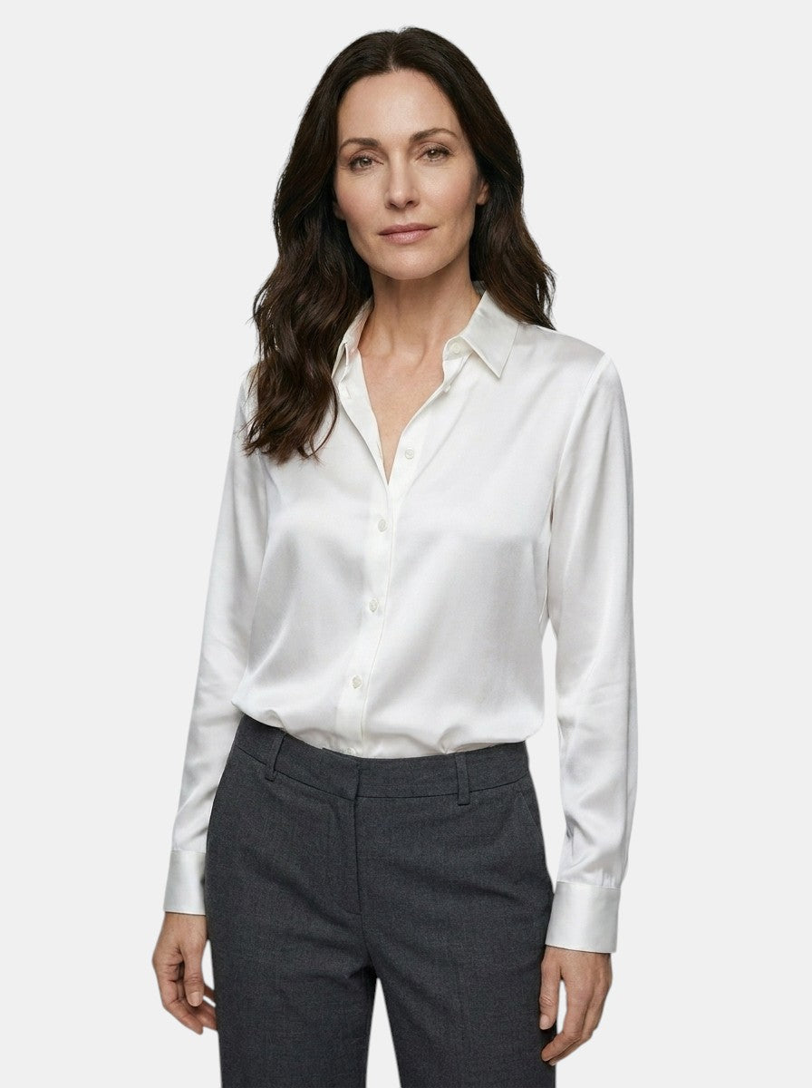Blouse satinée coupe décontractée drapé fluide éclat subtil femme
