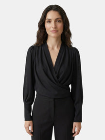 Blouse satinée col V manches bouffantes taille plissée romantique femme