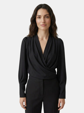 Blouse satinée col V manches bouffantes taille plissée romantique femme
