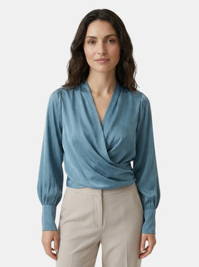 Blouse satinée col V manches bouffantes taille plissée romantique femme