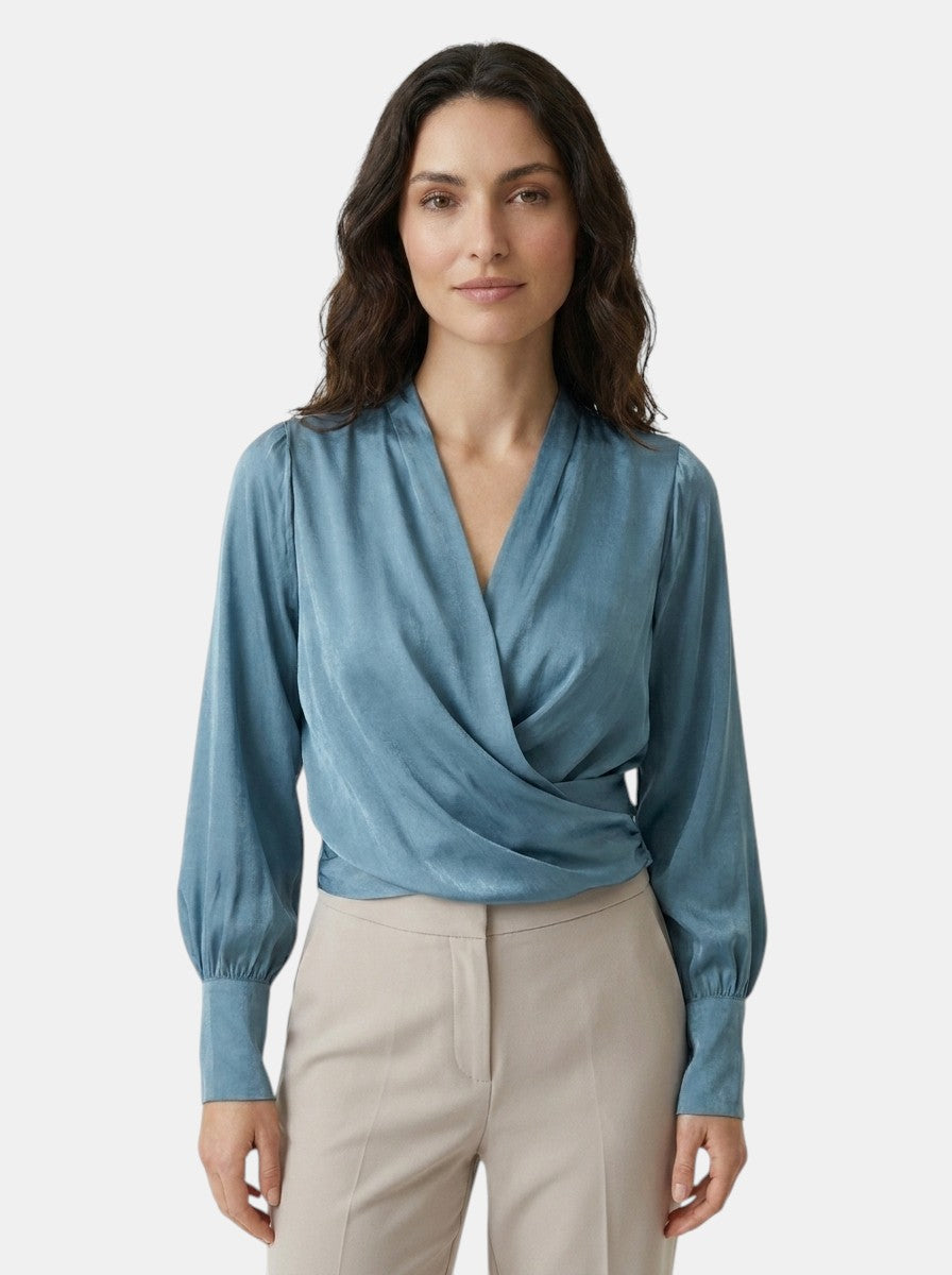 Blouse satinée col V manches bouffantes taille plissée romantique femme